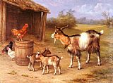 A Farmyard scene with goats and chickens by Edgar Hunt